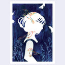 White silhouette illustration of a girl with colorful birds sitting on her shoulder and arm and flying nearby.