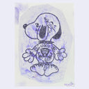 Illustration of Snoopy, standing and facing away from the viewer with many tattoos on his back, hands, legs and head.