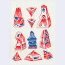 Series of geometric shapes, modeled to look like towers of sorts using red and blue colored pencils.