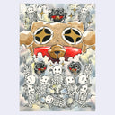 Ink and watercolor illustration of a large, gold round cartoon maneki cat with gold, sparkly eyes. Small skeleton dance around it, with clouds as background.