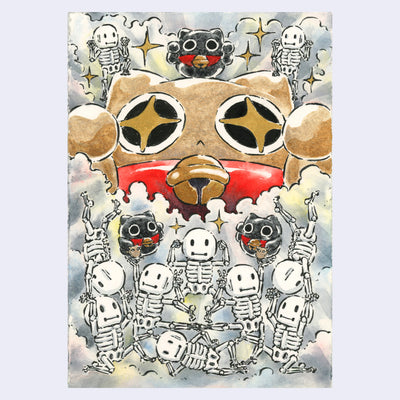 Ink and watercolor illustration of a large, gold round cartoon maneki cat with gold, sparkly eyes. Small skeleton dance around it, with clouds as background.