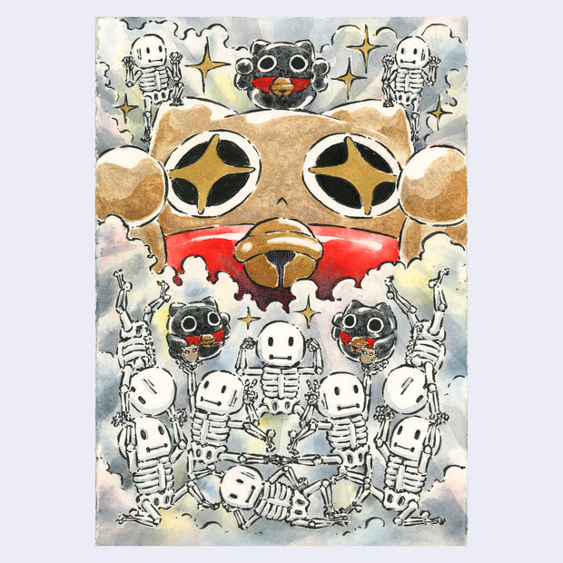 Ink and watercolor illustration of a large, gold round cartoon maneki cat with gold, sparkly eyes. Small skeleton dance around it, with clouds as background.
