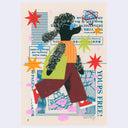 Colorful illustration of a black cartoon poodle wearing clothes walking with a green tote bag and sunglasses, drawn on top of an old mailer page.