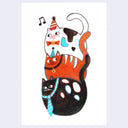 A whimsical illustration of three stacked cats in different colors and poses, decorated with party hats and accessories, on a white background with a light gray border.