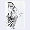 Ink drawing of people merged together, with one woman standing and pointing to the right.