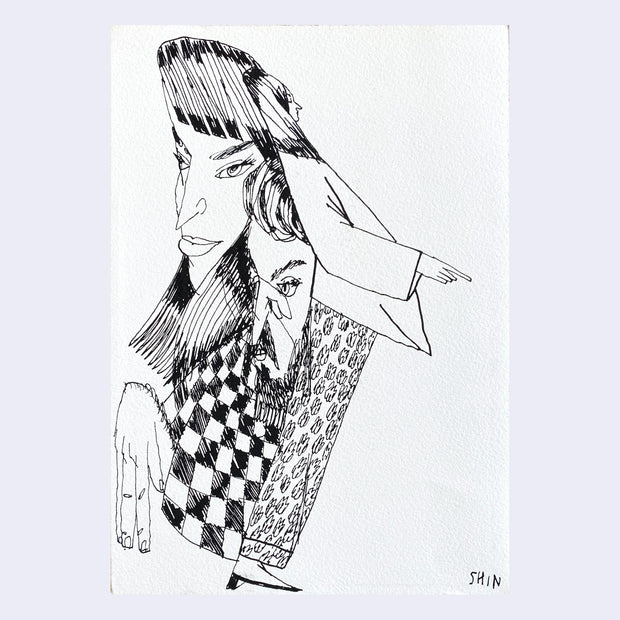 Ink drawing of people merged together, with one woman standing and pointing to the right.