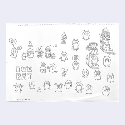 Series of pen line sketches on paper of Uglydoll characters, with "Ice Bat" written in stylized font.