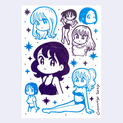 Purple and blue ink drawing on white paper of many cute anime style girls, in various poses and cute outfits.
