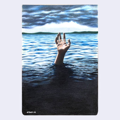 Color pencil drawing of a large body of water with a hand reaching out of it.