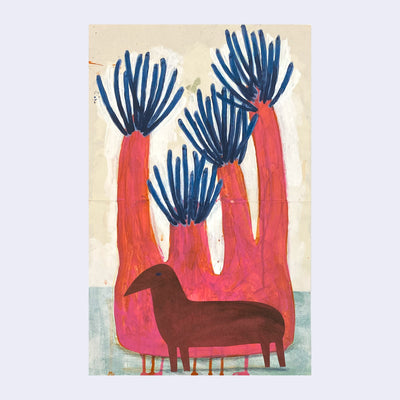 Stylistically messy painting of a brown 4 legged animal with a beak shaped face. It stands in front of a pink tree that resembles a sea anemone. 