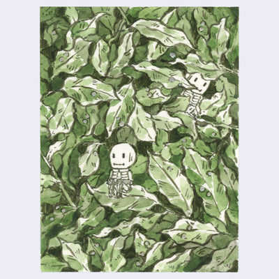 Ink and watercolor illustration of 2 small cartoon skeletons, hiding in a large bush with many leaves.