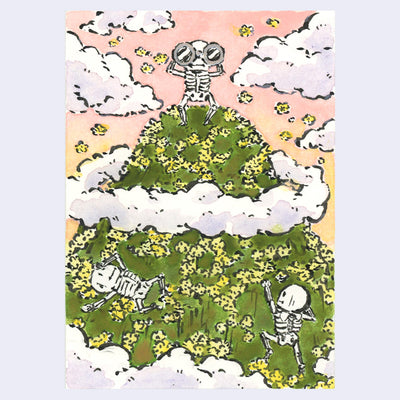 Illustration of a grassy hill, with many yellow flowers on it and 3 small skeleton characters climbing up it or laying on it.