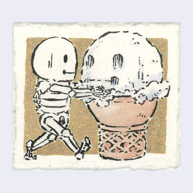 Drawing of a cartoon skeleton faced towards a large vanilla ice cream cone, with the scoop shaped like the skeleton's head.