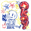 Colorful illustration of a skeleton and balloon figures with dynamic poses on a white background.