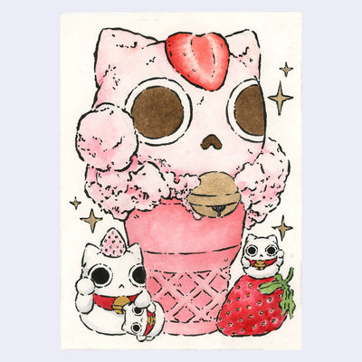 Ink and watercolor illustration of a pink sugar cone with a large scoop of strawberry ice cream, shaped like a cat head with a paw extended out. It has a gold bell around its neck and nearby are small white maneki cats with strawberries.