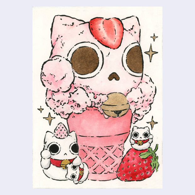 Ink and watercolor illustration of a pink sugar cone with a large scoop of strawberry ice cream, shaped like a cat head with a paw extended out. It has a gold bell around its neck and nearby are small white maneki cats with strawberries.
