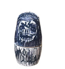 Set of 5 nesting dolls with ballpoint ink illustrations on each of them.
