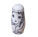 Set of 5 nesting dolls with ballpoint ink illustrations on each of them.
