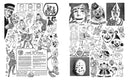 Open 2 page zine booklet spread of scanned and illustrated black and white imagery of clown characters.