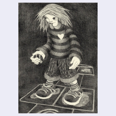Graphite illustration on cream colored paper of a character with long, pointy hair wearing a striped sweater playing hopscotch.