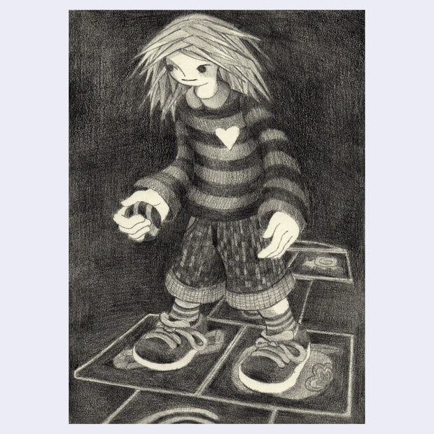 Graphite illustration on cream colored paper of a character with long, pointy hair wearing a striped sweater playing hopscotch.