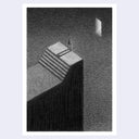 A black and white minimalist art work featuring a person standing on a staircase, casting a long shadow, with a small window-like opening in the upper right, set against a light gray background.