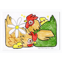 A colorful hand-drawn illustration of chickens, chicks, a daisy flower, and yellow stars on a white background, with the signature 'KRISKCARMI 26' at the bottom right.