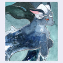 Watercolor-style illustration of a blue-gray goat-like creature with white horns, dark green hair, pink inner ears, and a small red eye detail, set against a pale teal background.