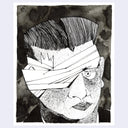 Ink illustration of a man with a bandaged eye, looking up in a concerned manner.