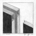 Graphite illustration of large pillars with openings in them, and a tiny figure standing on a platform across a gap from them.
