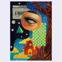 Crayon illustration of a surreal scene with an eye, tree, error code and house on fire.