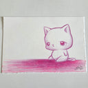 Pink pencil illustration of a sad cartoon cat, sitting on the ground.