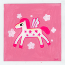 A stylized pink and white winged unicorn painting with stars on its side, surrounded by small white flowers on a pink background, with a white border around the artwork.