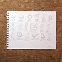 Graphite sketch of several random objects, such as foods and household items, with legs.