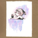 A watercolor illustration on a white sheet of paper, showing a girl with a ponytail resting her head on her hand next to a small sundae, with a purple and blue watercolor wash background. 