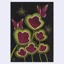  A stylized illustration of green clover-like shapes with glittery dark red hearts, two pink butterflies, and gold starbursts on a black background.