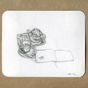 A monochrome pencil-style illustration on a white card, showing a teapot, teacup, saucer, spoon, and an open book, placed on a brown kraft-paper background.