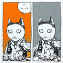 Painting of 2 manga style panels of a cat wearing Western style clothing and holding up a rat by its tail. One panel says "It's Alive!"