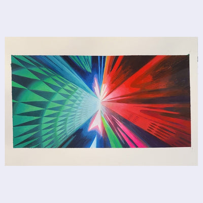 Painting of a film still from 2001: A Space Odyssey of many colorful lights in a tunnel like shape.