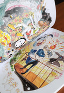 Close up of a book interior, with 2 full bleed pages of illustrations of stylized characters in nature fantasy settings.