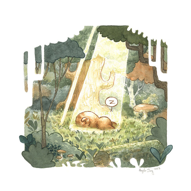 Watercolor illustration of an orange cat, laying face down in the middle of a lush green forest. A streak of warm sunlight comes down from the trees and illuminates the cat.