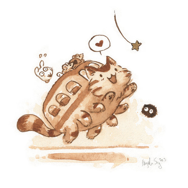 Sepia toned watercolor drawing of a fluffy cat shaped like a bus, leaping up towards a dangling star charm with a heart emote coming out. A shocked small white Chibi Totoro falls off the top of the bus.