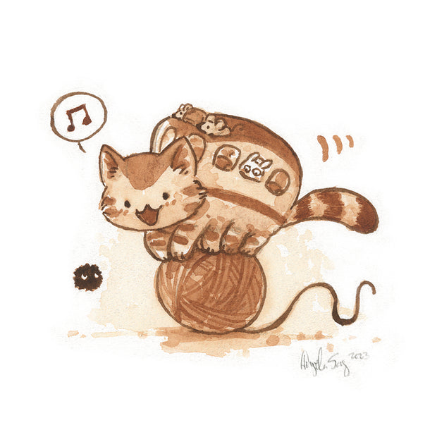 Sepia toned watercolor drawing of a fluffy cat shaped like a bus balancing atop a large ball of yarn. A music emote comes out.