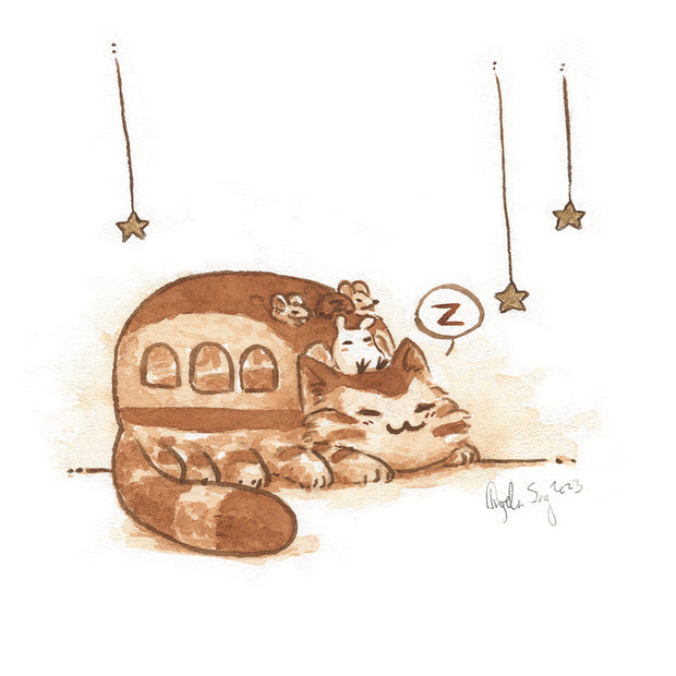Sepia toned watercolor drawing of a fluffy cat shaped like a bus sleeping, with a "z" emoticon coming out from it. Stars hang from the ceiling.