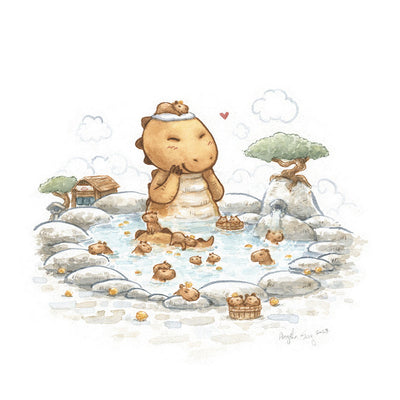 Watercolor illustration of a cute Godzilla, sitting in a hot spring spa with many capybaras around it. Many yuzu fruits float around as well. 