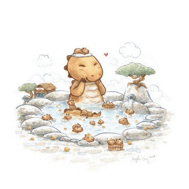 Watercolor illustration of a cute Godzilla, sitting in a hot spring spa with many capybaras around it. Many yuzu fruits float around as well. 