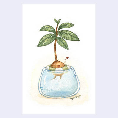 Watercolor painting of an avocado seed with a small singing cartoon face, in a life ring floating in a cup of water. Leaves sprout from the seed, forming the basis of a tiny tree.