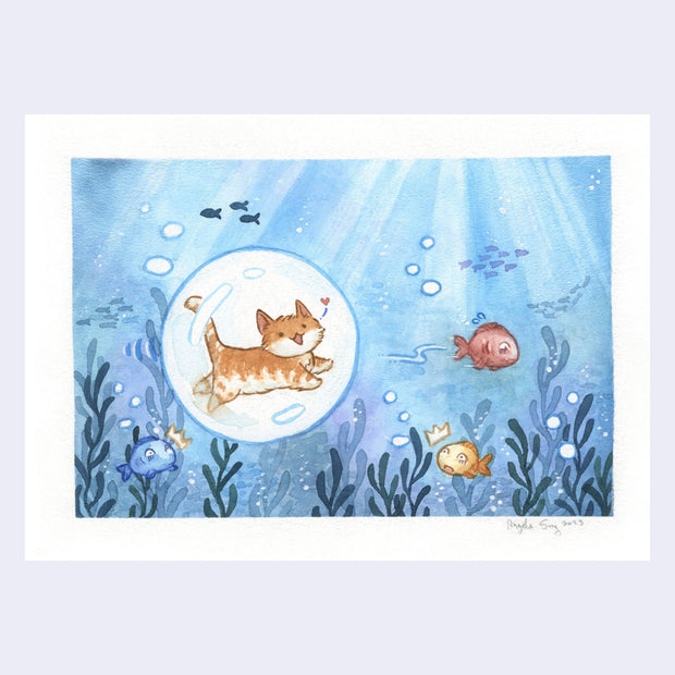 Watercolor of a cute cartoon orange and white cat, within a large bubble. The bubble is in an underwater scene, with surprised fish all around.  