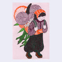 Colored pen illustration on pink paper of a girl looking down and walking with a very large bouquet propped up onto her back, like a backpack or a sling. She wears a sweater, baggy fabric pants and an orange bandana.