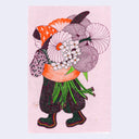 Colored pen illustration on pink paper of a girl walking away from the viewer with a very large bouquet propped up onto her back, like a backpack or a sling. She wears a sweater, baggy fabric pants and an orange bandana.